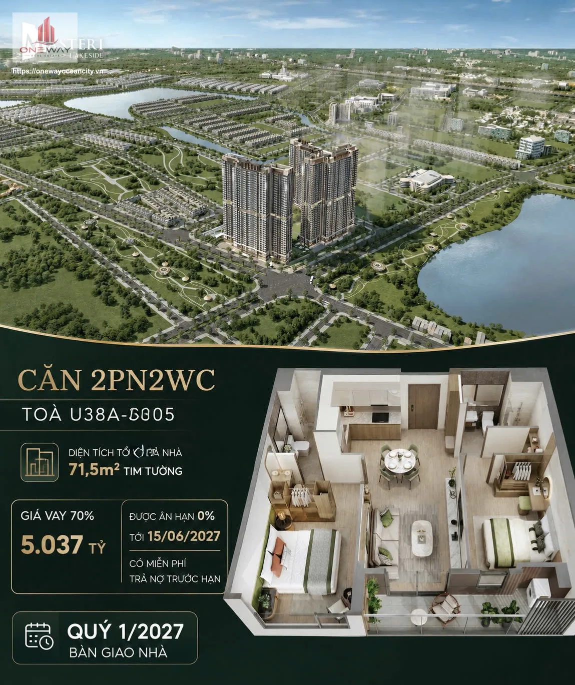 Căn hộ 2 Phòng ngủ 66m² phân khu Lakeside Ocean Park 1