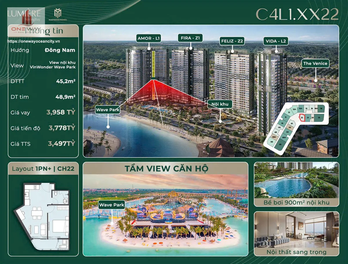 Căn hộ 1 Phòng ngủ + 45m² phân khu Lumiere SpringBay Ocean Park 2